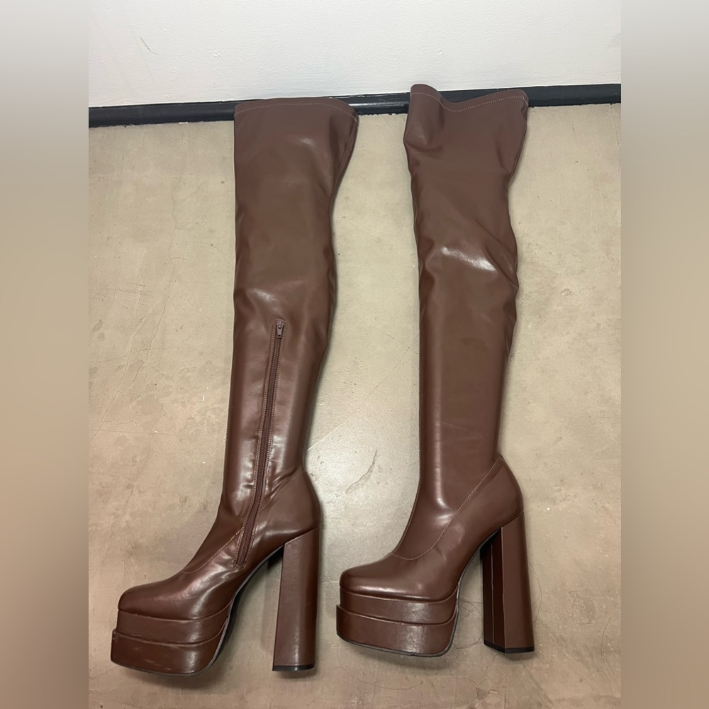 Brown Patent Leather thigh high boots